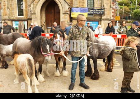 Zwei Brüder, die sich um ihre Stuten und Fohlen gefreut haben, Appleby Horse Fair, Appleby in Westmorland, Cumbria Stockfoto