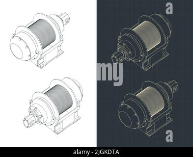Stilisierte Vektor-Illustrationen isometrischer Blaupausen großer hydraulischer Winde Stock Vektor