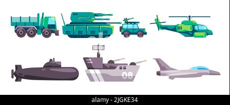 Militärische Armee gepanzerte Fahrzeug aus Tank U-Boot-Schlachtschiff Flugzeuge Hubschrauber Sammlung Spiel Asset Illustration Stock Vektor