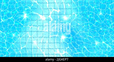 Swimmingpool, Draufsicht, nahtloses Muster mit Sonnenblendung, Wellen und ätzenden Wellen. Gefliester Boden. Blaue Wasseroberfläche. Vektorgrafiken Stock Vektor