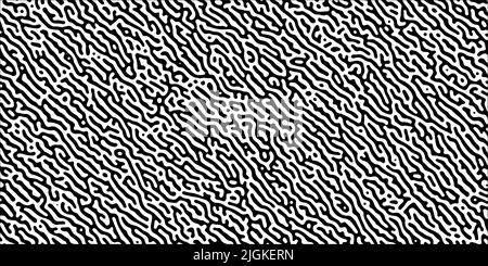 Turing Reaction Diffusion Schwarz-Weiß nahtloses Muster mit chaotischer Bewegung. Natürlicher Hintergrund mit organischen Strukturen. Vektordarstellung von che Stock Vektor