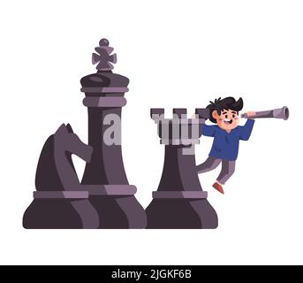 Mann stehen als Führer auf Schach mit Teleskop Symbol der Geschäftsstrategie Vision moderne Cartoon flache Illustration Stock Vektor