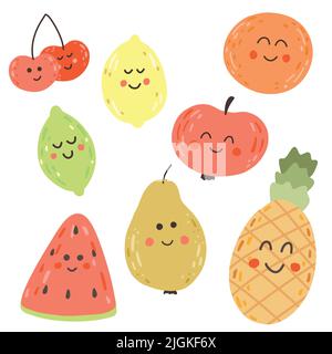 Vektor-Set von niedlichen Früchten. Lustige kawaii Früchte Zeichen isoliert auf weiß. Smiley Cartoon Doodle Früchte Stock Vektor