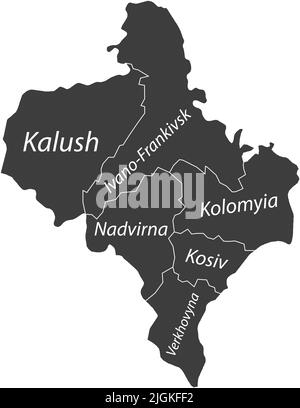 Dunkelgrau getaggte Karte von Raionen des GEBIETS IVANO-FRANKIWSK, UKRAINE Stock Vektor