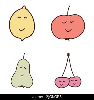 Vektor-Set von niedlichen Früchten. Lustige kawaii Früchte Zeichen isoliert auf weiß. Smiley Cartoon Doodle Früchte Stock Vektor