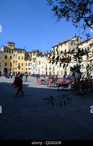 Lucca-März 2022-Italien der charakteristische Platz des Amphitheaters im historischen Zentrum der Altstadt. Stockfoto