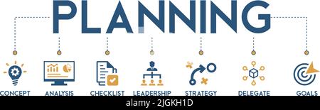 Banner der Planungskonzeptvektordarstellung mit Symbolen von Konzept, Analyse, Checkliste, Führung, Strategie, Delegieren und Ziele Stock Vektor