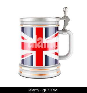 Bierkrug mit britischer Flagge, 3D Rendering isoliert auf weißem Hintergrund Stockfoto