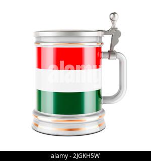 Bierkrug mit ungarischer Flagge, 3D Rendering isoliert auf weißem Hintergrund Stockfoto