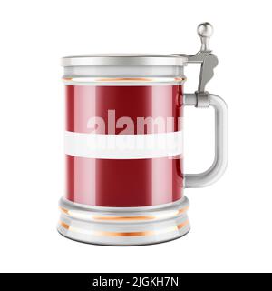 Bierkrug mit lettischer Flagge, 3D Rendering isoliert auf weißem Hintergrund Stockfoto