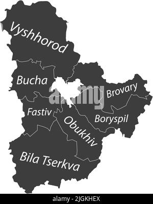 Dunkelgrau getaggte Karte von Raionen des KIEWER GEBIETS, UKRAINE Stock Vektor