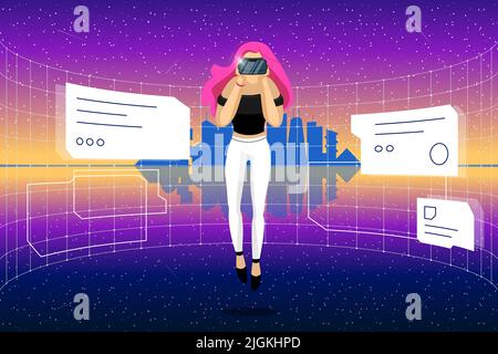 Junge Frau mit VR-Helm verbindet sich mit futuristischer Technologie metaverse Virtual Reality mit abstraktem Stadtbild auf der Skyline. Mädchen in Zukunft Schnittstelle 3D Cyberpunk Stadt Landschaft. Meta-Cyber-Raum. Eps Stock Vektor