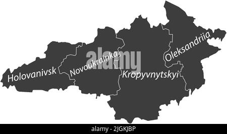 Dunkelgrau getaggte Karte von Raionen des KIROVOHRAD-GEBIETS, UKRAINE Stock Vektor