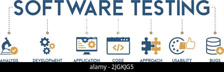 Software-Test Banner Web-Symbol Vektor Illustration Konzept mit Symbol und Symbol für Analyse, Entwicklung, Anwendung, Code, Ansatz, Benutzerfreundlichkeit Stock Vektor