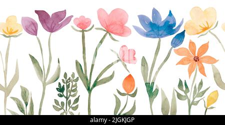 Wildflowers nahtlose Grenze Clipart, Aquarell Wiesenblumen Rahmenillustration, Rustikale Wiederholung Grenze, Kräuter Bouquet Clip Art, Hochzeitseinladung, B Stockfoto