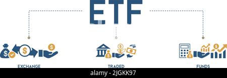 ETF Banner Web Icon Vektor Illustration Konzept Exchange Traded Funds Aktienmarkt Investment mit Symbol und Symbol für Geld, Cashflow, Handel Stock Vektor