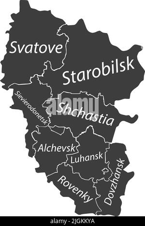 Dunkelgrau getaggte Karte von Raionen im GEBIET LUHANSK, UKRAINE Stock Vektor