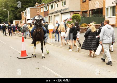 Ein Teenager, der auf der Appleby Horse Fair in Appleby in Westmorland, Cumbria, auf einem Lorbeerpferd unterwegs ist Stockfoto