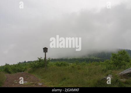 Mravenecnik Hügel, Blick vom oberen Wasserreservoir des Pumpspeicherkraftwerks Dlouhe Strane im Jeseniky Gebirge, Tschechische Republik. Sommer Stockfoto