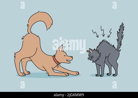 Zornige Katze und Hund kämpfen zu Hause. Verspielter Welpe und verrückter Kätzchen Kampf fühlt sich aggressiv an. Haustiere Alltag. Haustiere spielen zusammen. Flache Vektorgrafik, Cartoon-Charakter. Stock Vektor