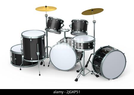 Set aus realistischen Trommeln mit Metallbeckenspielen oder Drumset auf weißem Hintergrund Stockfoto