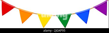 LGBT-Girlande. Regenbogenfarben Wimpel Kette. Party-Ammer Dekoration. Triangle-Feierlichkeiten-Flaggen für ein stolzes Dekor. Fußzeile und Banner-Hintergrund Stock Vektor