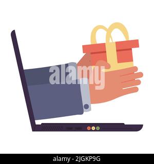Laptop-Computer und Hand halten Geschenk Vektor Illustration Online-Business-Technologie. Internet-Lieferung und E-Commerce-Produkt-Design einkaufen. Auftrag Sal Stock Vektor