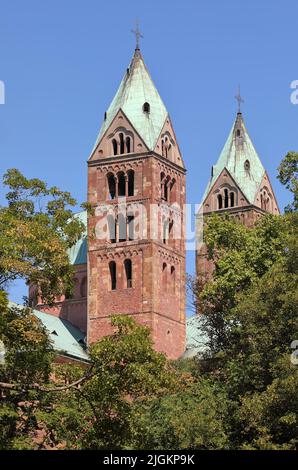 Vertikales Bild des Kaiserdoms Basilika Mariä Himmelfahrt und St. Stephan in Speyer, auch Speyer-Dom genannt, Deutschland Stockfoto