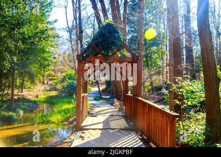 Pavillon mit Pflanzen bedeckt an einem Wald mit Teich. Stockfoto