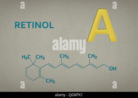 Vitamin A. Retinol 3D Molekül auf Papier Textur Hintergrund. Skelettformel von Vitamin a. Versenkter Text in grün und gelb Stockfoto