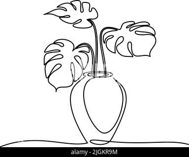 Zimmerpflanze im großen Topf. Fortlaufende einzeilige Zeichnung. Monstera, geteilter Blattphilodendron, handgezeichnete florale Silhouette. Tropische Pflanze, exotisches Laub. Ve Stock Vektor