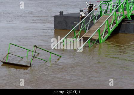 Überflutete beschädigte Anlegestelle auf dem rhein bei Hochwasser Stockfoto