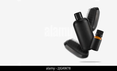 Detangler Haarbürsten, eine Flasche Shampoo und Haaröl schweben auf Weiß. Konzeptfoto von Accessoires für die Pflege und Gesundheit der Kopfhaut und der Haare. Stockfoto