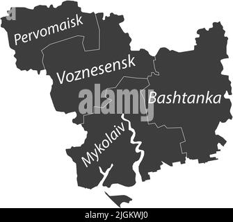 Dunkelgrau getaggte Karte von Raionen des GEBIETS MYKOLAIV, UKRAINE Stock Vektor