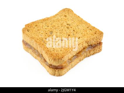 Süßes Sandwich aus Toastbrot und hausgemachter Aprikosenjelly-Marmelade isoliert auf weißem Hintergrund Stockfoto