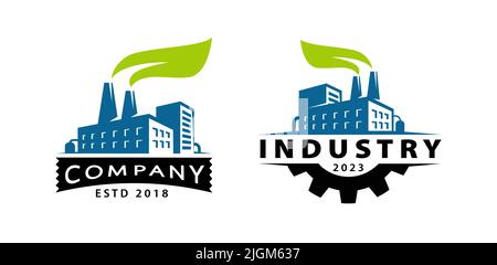 Eco Energy Factory mit Blattlogo. Konzept der industriellen Fertigung. Symbolvektor für die Naturindustrie Stock Vektor