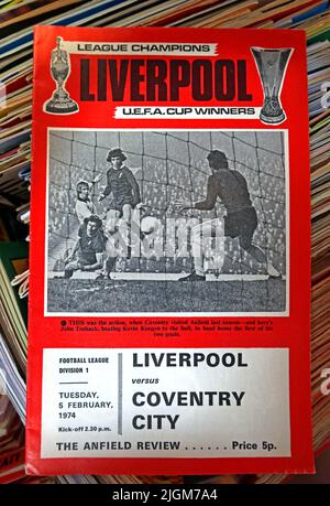 Liverpool Football Club gegen Coventry City FC, Spielprogramm, Dienstag, 05. 02. 1974, Gewinner des UEFA-Pokals Stockfoto