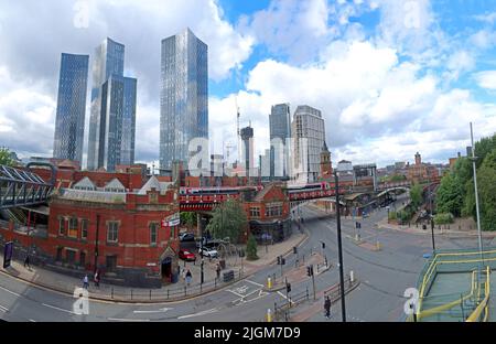 Panorama von Deansgate Castlefield, Manchester, 2 Whitworth St W, Deansgate, Locks, Manchester, England, UK, M1 5LH Stockfoto