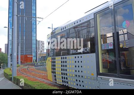 Metrolink Tram in Deansgate Castlefield, Manchester, 2 Whitworth St W, Deansgate, Locks, Manchester, England, UK, M1 5LH Stockfoto