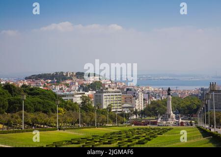 Eduardo VII Park und Skyline, Lissabon, Portugal. Stockfoto