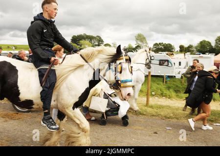 Ein Teenager, der auf einem farbigen Pferd neben dem Campingplatz reitet. Appleby Horse Fair, Appleby in Westmorland, Cumbria, England, Vereinigtes Königreich Stockfoto