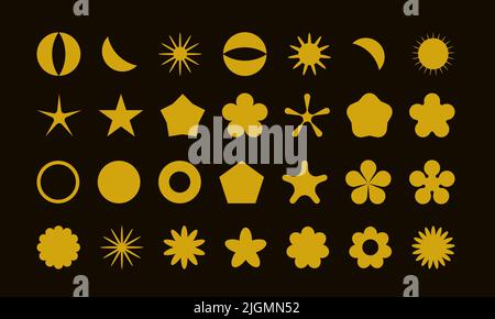 Sonne und Mond in Goldfolie, geometrische, minimalistische Grafikelemente. Abstraktes Symbolset für einfache Formen. Y2K Vektor funkelt, Sterne Stock Vektor