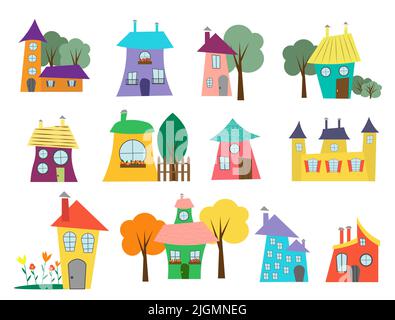 Sammlung von Cartoon-Stadthäusern mit Bäumen und Garten. Vektorgrafik. Stock Vektor