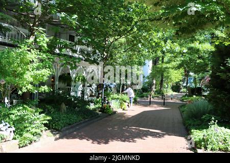 Frau, die den Vorgarten ihres Hauses auf der Ramble Avenue im Chautauqua Institution Bereich in Chautauqua bewässert. New York State. Stockfoto