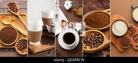 Set von heißem Kaffee mit Bohnen und Pulver auf dem Tisch Stockfoto