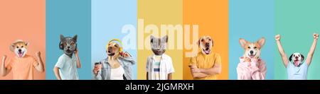 Niedliche Katzen und Hunde mit menschlichen Körpern auf farbigem Hintergrund mit Platz für Text Stockfoto