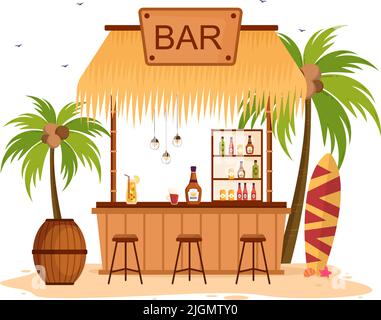 Tropische Bar oder Pub am Strand mit Alkoholgetränken Flaschen, Barkeeper, Tisch, Interieur und Stühle von Seaside in flacher Cartoon-Illustration Stock Vektor