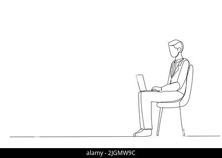 Zeichnung eines ernsthaften jungen Geschäftsmanns, der auf einem Stuhl sitzt und einen Laptop benutzt. Einzeilige Abbildung Stock Vektor