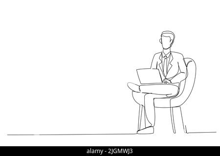 Vector eine Linie Illustration von Business-Mann mit Laptop im Sessel sitzen. Cartoon junger Mann, der im Büro arbeitet und soziale Netzwerke nutzt. Stock Vektor