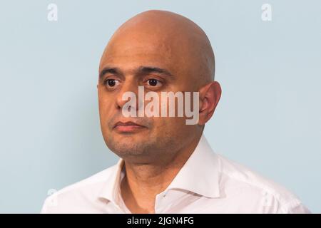 London, Großbritannien. 11.. Juli 2022. Der Kandidat der konservativen Parteiführung, Sajid Javid, MP, spricht beim Start seiner Kampagne in London. Der Zeitplan für den Wettbewerb, um Boris Johnsons Nachfolger als konservativen Führer zu finden, wurde heute vom Ausschuss für 1922 beschlossen, wobei bis zum 5.. September ein neuer Premierminister gewählt werden soll. Kredit: SOPA Images Limited/Alamy Live Nachrichten Stockfoto